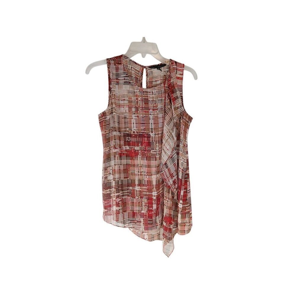 White House Black Market Red Tan Chiffon Top Shirt Blouse Sleeveless Small